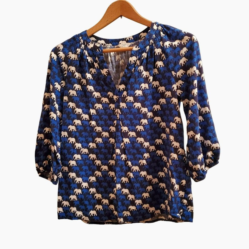 Crown & Ivy Blouse Women’s XS Blue Elephant Print Split Neck 3/4 Sleeve Boho